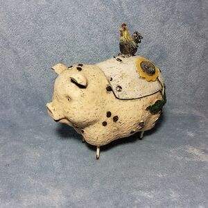 Pig & Rooster Figurine Folk Art Dish Ceramic Metal Carved Flowers Hidden Key